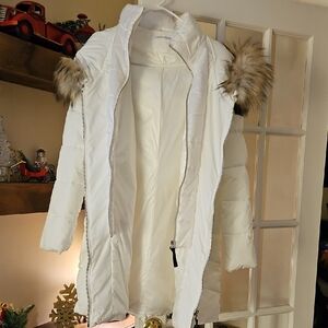 Calvin Klein Women's Ivory Puffer Jacket with Faux Fur